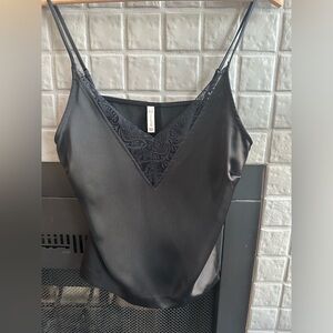 Timeless silky black tank with lace neck